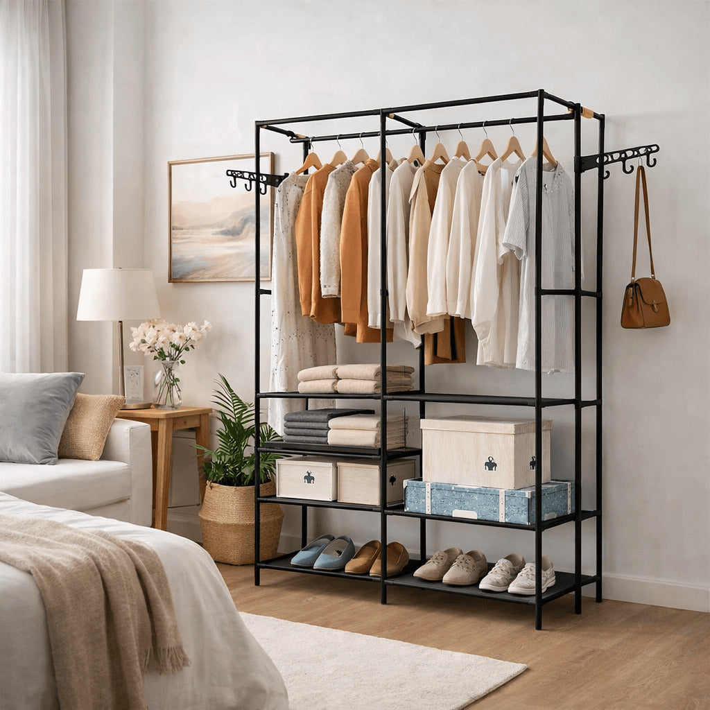 Organizador de ropa metálico en dormitorio moderno con estilo minimalista