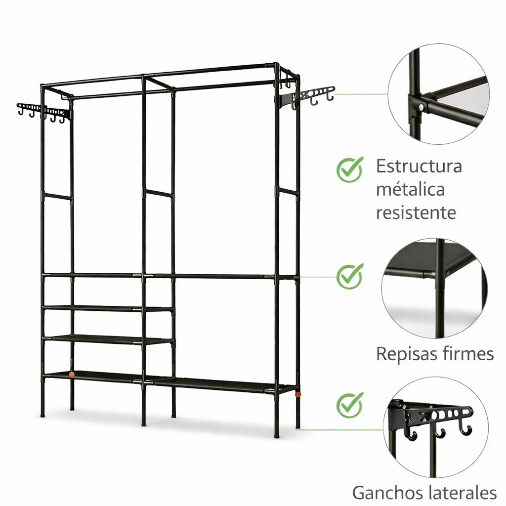 Detalles del organizador de ropa metálico con estructura resistente, repisas firmes y ganchos laterales